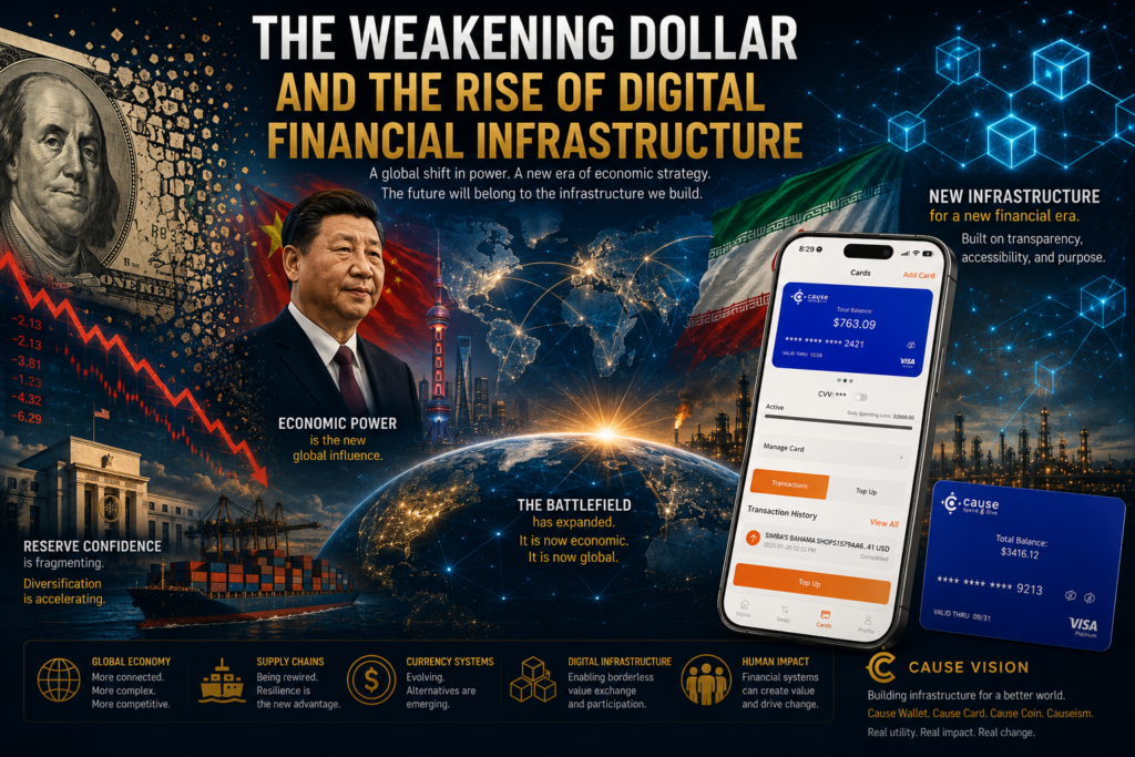 A cinematic digital collage illustrating the future of global finance, featuring a fragmented U.S. dollar, Chinese President Xi Jinping, Iranian oil infrastructure, a glowing interconnected world map, cargo shipping, financial market decline graphics, and digital blockchain imagery alongside a Cause Wallet mobile app and Cause Card representing emerging financial infrastructure.