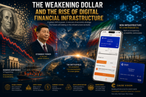 A cinematic digital collage illustrating the future of global finance, featuring a fragmented U.S. dollar, Chinese President Xi Jinping, Iranian oil infrastructure, a glowing interconnected world map, cargo shipping, financial market decline graphics, and digital blockchain imagery alongside a Cause Wallet mobile app and Cause Card representing emerging financial infrastructure.