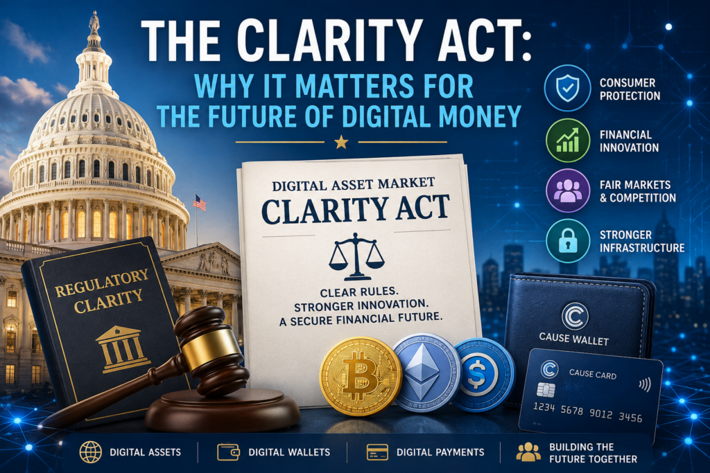 Steve Down's analysis of the CLARITY Act featuring digital assets, cryptocurrency, blockchain technology, digital wallets, and financial infrastructure as Congress debates the future of digital money and financial innovation.