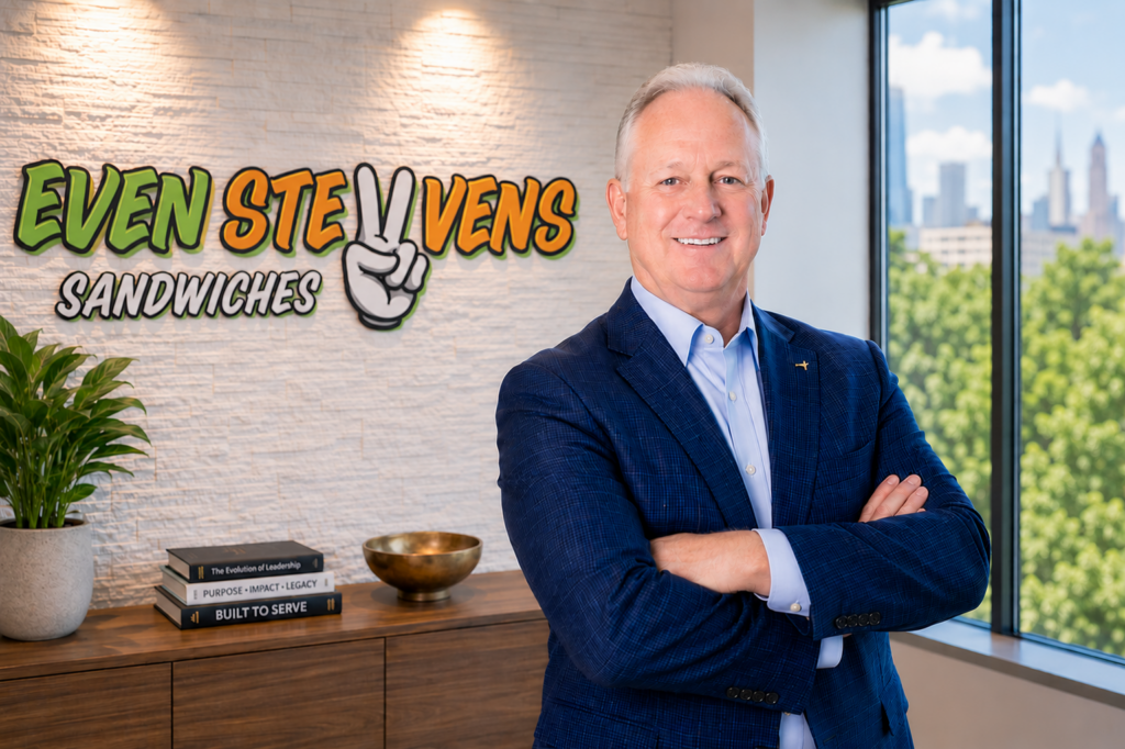 Steve Down standing in front of the Even Stevens Sandwiches logo, highlighting a Cause Companies portfolio brand and social impact business initiative.